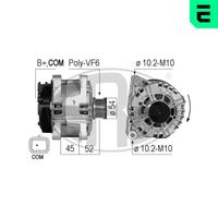 ERA 210717 - Tensión [V]: 14<br>Corriente de carga alternador [A]: 150<br>ID del modelo de conector: B+COM<br>poleas - Ø [mm]: 54<br>Poleas: con polea de rueda libre<br>Sentido de giro: Sentido de giro a la derecha (horario)<br>Cantidad de agujeros de fijación: 2<br>Número de canales: 6<br>Nº art. de accesorio recomendado: ZN5800<br>Distancia de polea a alternador [mm]: 52<br>