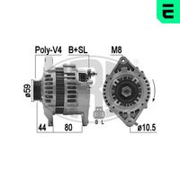 ERA 209486A - año construcción desde: 03/1994<br>año construcción hasta: 12/1996<br>Modelo red de a bordo: para vehículos con red de a bordo 12V<br>Tensión [V]: 14<br>Corriente de carga alternador [A]: 80<br>Poleas: con polea para correa poli V<br>Número de nervaduras: 6<br>poleas - Ø [mm]: 60<br>Pinza: B+ M8<br>ID del modelo de conector: S / L<br>