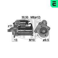 ERA 221011A - Tensión [V]: 12<br>Potencia nominal [kW]: 2,2<br>Número de dientes: 11<br>ID del modelo de conector: 30-50<br>Equipamiento de vehículo: para vehículos con sistema Start&Stop<br>Sentido de giro: Sentido de giro a la derecha (horario)<br>Diámetro de brida [mm]: 70<br>Cantidad de agujeros de fijación: 3<br>Posición básica piñón [mm]: 12<br>