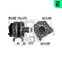 ERA 209260 - Modelo red de a bordo: para vehículos con red de a bordo 12V<br>Tensión [V]: 14<br>Corriente de carga alternador [A]: 140<br>Poleas: para polea de correa poli V<br>Número de nervaduras: 6<br>poleas - Ø [mm]: 56<br>Pinza: B+ M8<br>ID del modelo de conector: COM<br>