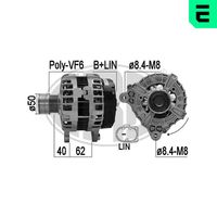 ERA 209614 - Tensión [V]: 14<br>Corriente de carga alternador [A]: 140<br>ID del modelo de conector: B+COM<br>poleas - Ø [mm]: 52<br>Poleas: con polea de rueda libre<br>Sentido de giro: Sentido de giro a la derecha (horario)<br>Cantidad de agujeros de fijación: 2<br>Número de canales: 6<br>Nº art. de accesorio recomendado: ZN5729<br>Distancia de polea a alternador [mm]: 39<br>