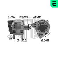 ERA 209165 - Tensión [V]: 14<br>Corriente de carga alternador [A]: 185<br>ID del modelo de conector: B+COM<br>poleas - Ø [mm]: 49<br>Poleas: con polea de rueda libre<br>Sentido de giro: Sentido de giro a la derecha (horario)<br>Cantidad de agujeros de fijación: 2<br>Número de canales: 7<br>Juego alternativo de reparación: 209010<br>Distancia de polea a alternador [mm]: 44<br>