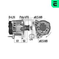 ERA 209536A - Tensión [V]: 14<br>Corriente de carga alternador [A]: 140<br>ID del modelo de conector: B+COM<br>poleas - Ø [mm]: 52<br>Poleas: con polea de rueda libre<br>Sentido de giro: Sentido de giro a la derecha (horario)<br>Cantidad de agujeros de fijación: 2<br>Número de canales: 6<br>Nº art. de accesorio recomendado: ZN5729<br>Distancia de polea a alternador [mm]: 39<br>