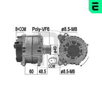 ERA 209202 - Modelo red de a bordo: para vehículos con red de a bordo 12V<br>Tensión [V]: 14<br>Corriente de carga alternador [A]: 180<br>Poleas: con polea de rueda libre<br>Número de nervaduras: 6<br>poleas - Ø [mm]: 49<br>Pinza: B+ M8<br>ID del modelo de conector: COM<br>