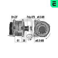 ERA 209499A - Tensión [V]: 14<br>Corriente de carga alternador [A]: 140<br>ID del modelo de conector: B+LDF<br>poleas - Ø [mm]: 49<br>Poleas: con polea de rueda libre<br>Sentido de giro: Sentido de giro a la derecha (horario)<br>Cantidad de agujeros de fijación: 2<br>Número de canales: 6<br>Distancia de polea a alternador [mm]: 38<br>