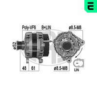 ERA 209562A - Tensión [V]: 14<br>Corriente de carga alternador [A]: 110<br>ID del modelo de conector: B+LIN<br>poleas - Ø [mm]: 49<br>Poleas: con polea de rueda libre<br>Sentido de giro: Sentido de giro a la derecha (horario)<br>Cantidad de agujeros de fijación: 2<br>Número de canales: 6<br>Distancia de polea a alternador [mm]: 50<br>