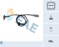 FAE 78117 - Lado de montaje: Eje delantero, izquierda<br>Lado de montaje: Eje delantero, derecha<br>Longitud de cable [mm]: 680<br>Tipo de sensor: Hall<br>Número de enchufes de contacto: 2<br>