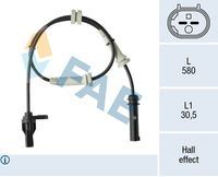 FAE 78523 - Lado de montaje: Eje delantero<br>Equipamiento de vehículo: para vehículos sin auxiliar de aparcamiento<br>Tipo de sensor: Hall<br>corresponde al color de la pieza original: negro<br>Número de enchufes de contacto: 2<br>Artículo complementario / información complementaria 2: con cable<br>Longitud de cable [mm]: 585<br>