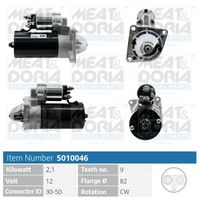 MEAT & DORIA 5010046 - Tensión [V]: 12<br>Potencia nominal [kW]: 2<br>Diámetro de brida [mm]: 82<br>ID del modelo de conector: 30-50<br>Cantidad de agujeros de fijación: 3<br>Sentido de giro: Sentido de giro a la derecha (horario)<br>Número de dientes: 9<br>