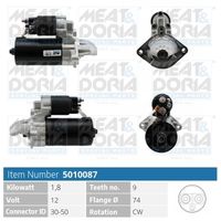 MEAT & DORIA 5010087 - Código de motor: M47 D20 (204D4)<br>Cantidad de agujeros de fijación: 3<br>Cant. taladros roscados: 2<br>Tensión [V]: 12<br>Potencia nominal [kW]: 1,6<br>Sentido de giro: Sentido de giro a la derecha (horario)<br>Número de dientes: 10<br>Pinza: M8<br>Diámetro de brida [mm]: 74<br>ID del modelo de conector: CPS0070<br>