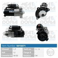 MEAT & DORIA 5015071 - Tensión [V]: 12<br>Potencia nominal [kW]: 1,9<br>ID del modelo de conector: 30-50<br>Número de dientes: 13<br>Cantidad de agujeros de fijación: 3<br>Sentido de giro: Sentido de giro a la derecha (horario)<br>