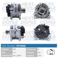 MEAT & DORIA 5510006 - para OE N°: 028 903 031X<br>Tensión [V]: 14<br>Corriente de carga alternador [A]: 120<br>ID del modelo de conector: B+,L,DFM<br>Cantidad de agujeros de fijación: 2<br>Número de canales: 5<br>Poleas: con polea de rueda libre<br>poleas - Ø [mm]: 56<br>Sentido de giro: Sentido de giro a la derecha (horario)<br>