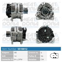 MEAT & DORIA 5510012 - Tensión [V]: 14<br>Corriente de carga alternador [A]: 90<br>ID del modelo de conector: B+,L,DFM<br>Cantidad de agujeros de fijación: 2<br>Número de canales: 6<br>Poleas: con polea para correa poli V<br>poleas - Ø [mm]: 49<br>Sentido de giro: Sentido de giro a la derecha (horario)<br>