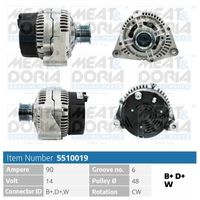 MEAT & DORIA 5510019 - Tensión [V]: 14<br>Corriente de carga alternador [A]: 90<br>Poleas: con polea para correa poli V<br>Sentido de giro: Sentido de giro a la derecha (horario)<br>Diámetro de orificio [mm]: 10,2<br>Distancia de los taladros de sujeción [mm]: 56,0<br>Diám. de puntos de sujeción [mm]: 90,0<br>Distancia de polea a alternador [mm]: 35,6<br>Número de nervaduras: 6<br>poleas - Ø [mm]: 49<br>Conexión / terminal/borne: W<br>Protección antipolvo: con protección contra el polvo<br>Cantidad de agujeros de fijación: 2<br>h embalaje [cm]: 17,50<br>Ancho de embalaje [cm]: 18,60<br>long. de embalaje [cm]: 24,8<br>Peso neto [g]: 5664<br>