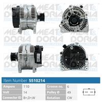 MEAT & DORIA 5510214 - Tensión [V]: 14<br>Corriente de carga alternador [A]: 90<br>ID del modelo de conector: B+,D+,W<br>Cantidad de agujeros de fijación: 3<br>Número de canales: 6<br>Poleas: con polea para correa poli V<br>poleas - Ø [mm]: 49<br>Sentido de giro: Sentido de giro a la derecha (horario)<br>