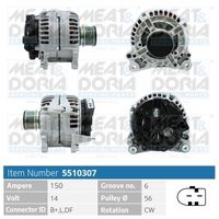 MEAT & DORIA 5510307 - Tensión [V]: 14<br>Corriente de carga alternador [A]: 120<br>ID del modelo de conector: B+,L,DFM<br>Cantidad de agujeros de fijación: 2<br>Número de canales: 6<br>Poleas: con polea de rueda libre<br>poleas - Ø [mm]: 56<br>Sentido de giro: Sentido de giro a la derecha (horario)<br>para OE N°: 038 903 024F<br>