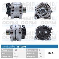 MEAT & DORIA 5510398 - Tensión [V]: 14<br>Corriente de carga alternador [A]: 150<br>ID del modelo de conector: B+,D+<br>Cantidad de agujeros de fijación: 2<br>Número de canales: 6<br>Poleas: con polea de rueda libre<br>poleas - Ø [mm]: 54<br>Sentido de giro: Sentido de giro a la derecha (horario)<br>