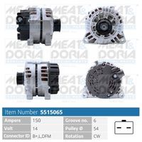 MEAT & DORIA 5515065 - Tensión [V]: 14<br>Corriente de carga alternador [A]: 150<br>ID del modelo de conector: B+,L,DFM<br>Cantidad de agujeros de fijación: 2<br>Número de canales: 6<br>Poleas: con polea de rueda libre<br>poleas - Ø [mm]: 54<br>Sentido de giro: Sentido de giro a la derecha (horario)<br>