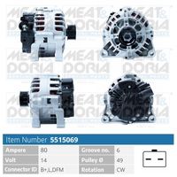 MEAT & DORIA 5515069 - Código de motor: KFX (TU3JP)<br>Código de motor: KFW (TU3JP)<br>Modelo de alternador: para alternador trifásico<br>Tensión [V]: 14<br>Corriente de carga alternador [A]: 70<br>Poleas: con polea<br>poleas - Ø [mm]: 56<br>