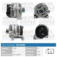 MEAT & DORIA 5515095 - año construcción desde: 01/2002<br>Corriente de carga alternador [A]: 150<br>Modelo red de a bordo: para vehículos con red de a bordo 12V<br>Tensión [V]: 12<br>poleas - Ø [mm]: 54<br>Número de nervaduras: 6<br>Pinza: M8<br>Pinza: L-DFM<br>ID del modelo de conector: 0141<br>peso neto [kg]: 6,8<br>