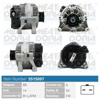 MEAT & DORIA 5515097 - Tensión [V]: 14<br>Corriente de carga alternador [A]: 90<br>ID del modelo de conector: B+,L,DFM<br>Cantidad de agujeros de fijación: 2<br>Número de canales: 6<br>Poleas: con polea para correa poli V<br>poleas - Ø [mm]: 54<br>Sentido de giro: Sentido de giro a la derecha (horario)<br>