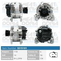 MEAT & DORIA 5515101 - para OE N°: 06F 903 023<br>Tensión [V]: 14<br>Corriente de carga alternador [A]: 140<br>ID del modelo de conector: B+,L,DFM<br>Cantidad de agujeros de fijación: 2<br>Número de canales: 6<br>Poleas: con polea de rueda libre<br>poleas - Ø [mm]: 56<br>Sentido de giro: Sentido de giro a la derecha (horario)<br>