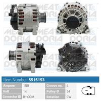 MEAT & DORIA 5515153 - Código de motor: UBGA<br>Tensión [V]: 14<br>Corriente de carga alternador [A]: 150<br>Poleas: con polea de rueda libre<br>poleas - Ø [mm]: 54<br>