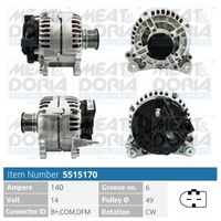 MEAT & DORIA 5515170 - Tensión [V]: 14<br>Corriente de carga alternador [A]: 140<br>ID del modelo de conector: B+,COM<br>Cantidad de agujeros de fijación: 2<br>Número de canales: 6<br>Poleas: con polea de rueda libre<br>poleas - Ø [mm]: 49<br>Sentido de giro: Sentido de giro a la derecha (horario)<br>para OE N°: 471290619<br>