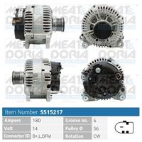 MEAT & DORIA 5515217 - para OE N°: 06F 903 023<br>Tensión [V]: 14<br>Corriente de carga alternador [A]: 140<br>ID del modelo de conector: B+,L,DFM<br>Cantidad de agujeros de fijación: 2<br>Número de canales: 6<br>Poleas: con polea de rueda libre<br>poleas - Ø [mm]: 56<br>Sentido de giro: Sentido de giro a la derecha (horario)<br>