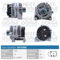 MEAT & DORIA 5515269 - Tensión [V]: 14<br>Corriente de carga alternador [A]: 150<br>ID del modelo de conector: B+,L,DFM<br>Cantidad de agujeros de fijación: 2<br>Número de canales: 5<br>Poleas: con polea para correa poli V<br>poleas - Ø [mm]: 54<br>Sentido de giro: Sentido de giro a la derecha (horario)<br>