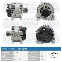 MEAT & DORIA 5515278 - Tensión [V]: 14<br>Corriente de carga alternador [A]: 140<br>ID del modelo de conector: B+,COM,DFM<br>Cantidad de agujeros de fijación: 2<br>Número de canales: 6<br>Poleas: con polea de rueda libre<br>poleas - Ø [mm]: 49<br>Sentido de giro: Sentido de giro a la derecha (horario)<br>para OE N°: 03G 903 016 GX<br>