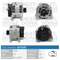 MEAT & DORIA 5515287 - para OE N°: 06F 903 023<br>Tensión [V]: 14<br>Corriente de carga alternador [A]: 140<br>ID del modelo de conector: B+,L,DFM<br>Cantidad de agujeros de fijación: 2<br>Número de canales: 6<br>Poleas: con polea de rueda libre<br>poleas - Ø [mm]: 56<br>Sentido de giro: Sentido de giro a la derecha (horario)<br>