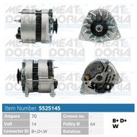 MEAT & DORIA 5525145 - Tensión [V]: 14<br>Corriente de carga alternador [A]: 55<br>ID del modelo de conector: D+,D+,B+<br>Cantidad de agujeros de fijación: 2<br>Número de canales: 1<br>poleas - Ø [mm]: 64<br>Sentido de giro: Sentido de giro a la derecha (horario)<br>Poleas: no para polea de correa trapecial<br>