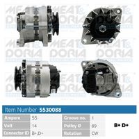 MEAT & DORIA 5530088 - Tensión [V]: 14<br>Corriente de carga alternador [A]: 55<br>Poleas: con polea<br>Sentido de giro: Sentido de giro a la derecha (horario)<br>Diámetro de orificio [mm]: 12,2<br>Distancia de los taladros de sujeción [mm]: 70,0<br>Diám. de puntos de sujeción [mm]: 85,0<br>Distancia de polea a alternador [mm]: 49,0<br>Número de nervaduras: 1<br>poleas - Ø [mm]: 80<br>cant. correas: 1<br>h embalaje [cm]: 17,50<br>Ancho de embalaje [cm]: 18,60<br>long. de embalaje [cm]: 24,8<br>Peso neto [g]: 4768<br>