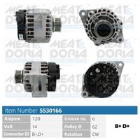 MEAT & DORIA 5530166 - Tensión [V]: 14<br>Corriente de carga alternador [A]: 130<br>ID del modelo de conector: B+,D+,DFM<br>Cantidad de agujeros de fijación: 2<br>Número de canales: 6<br>Poleas: con polea de rueda libre<br>poleas - Ø [mm]: 61<br>Sentido de giro: Sentido de giro a la derecha (horario)<br>