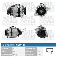 MEAT & DORIA 5535194 - Corriente de carga alternador [A]: 55<br>Modelo red de a bordo: para vehículos con red de a bordo 12V<br>Tensión [V]: 12<br>poleas - Ø [mm]: 70<br>Número de nervaduras: 1<br>Pinza: M5/M6<br>ID del modelo de conector: 0005<br>Diámetro de orificio 1 [mm]: 8<br>peso neto [kg]: 5,5<br>