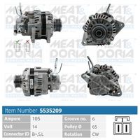 MEAT & DORIA 5535209 - Corriente de carga alternador [A]: 105<br>Modelo red de a bordo: para vehículos con red de a bordo 12V<br>Tensión [V]: 14<br>Poleas: con polea de rueda libre<br>poleas - Ø [mm]: 67<br>Número de nervaduras: 6<br>Pinza: M8 B+<br>Pinza: L-S Plug7<br>ID del modelo de conector: 0007<br>Diámetro de orificio 1 [mm]: 10<br>peso neto [kg]: 6,83<br>