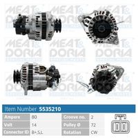 MEAT & DORIA 5535210 - Corriente de carga alternador [A]: 80<br>Modelo red de a bordo: para vehículos con red de a bordo 12V<br>Tensión [V]: 14<br>poleas - Ø [mm]: 71<br>Número de nervaduras: 2<br>Pinza: M8<br>ID del modelo de conector: 0007<br>Diámetro de orificio 1 [mm]: 10<br>peso neto [kg]: 6,2<br>