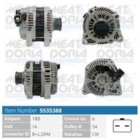 MEAT & DORIA 5535388 - Tensión [V]: 14<br>Corriente de carga alternador [A]: 80<br>ID del modelo de conector: B+,D+<br>Cantidad de agujeros de fijación: 2<br>Número de canales: 6<br>Poleas: con polea para correa poli V<br>poleas - Ø [mm]: 56<br>Sentido de giro: Sentido de giro a la derecha (horario)<br>