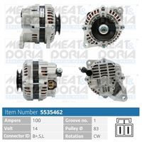 MEAT & DORIA 5535462 - Corriente de carga alternador [A]: 100<br>Modelo red de a bordo: para vehículos con red de a bordo 12V<br>Tensión [V]: 12<br>poleas - Ø [mm]: 82<br>Número de nervaduras: 1<br>Pinza: M8<br>ID del modelo de conector: 0007<br>Diámetro de orificio 1 [mm]: 10<br>peso neto [kg]: 5,9<br>