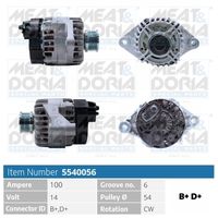 MEAT & DORIA 5540056 - Tensión [V]: 14<br>Corriente de carga alternador [A]: 140<br>ID del modelo de conector: B+,D+<br>Número de canales: 6<br>Cantidad de agujeros de fijación: 2<br>Poleas: con polea de rueda libre<br>poleas - Ø [mm]: 61<br>Sentido de giro: Sentido de giro a la derecha (horario)<br>