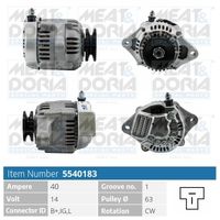 MEAT & DORIA 5540183 - Corriente de carga alternador [A]: 40<br>Modelo red de a bordo: para vehículos con red de a bordo 12V<br>Tensión [V]: 12<br>Poleas: con polea para correa poli V<br>poleas - Ø [mm]: 60<br>Número de nervaduras: 1<br>Pinza: M6 B+<br>ID del modelo de conector: 0008<br>Diámetro de orificio 1 [mm]: 10<br>peso neto [kg]: 2,7<br>