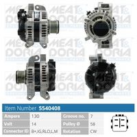 MEAT & DORIA 5540408 - Código de motor: 2AD-FHV<br>Tensión [V]: 12<br>Corriente de carga alternador [A]: 130<br>Poleas: con polea de rueda libre<br>poleas - Ø [mm]: 58<br>