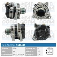 MEAT & DORIA 5540431 - Tensión [V]: 14<br>Corriente de carga alternador [A]: 100<br>ID del modelo de conector: B+,IG,S,L,M<br>Cantidad de agujeros de fijación: 3<br>Número de canales: 6<br>Poleas: con polea de rueda libre<br>poleas - Ø [mm]: 62<br>Sentido de giro: Sentido de giro a la derecha (horario)<br>