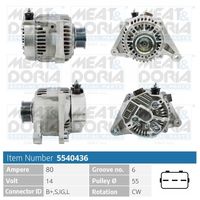 MEAT & DORIA 5540436 - Tensión [V]: 14<br>Corriente de carga alternador [A]: 80<br>ID del modelo de conector: B+,S,DF,I,GL<br>Cantidad de agujeros de fijación: 3<br>Número de canales: 6<br>Poleas: con polea para correa poli V<br>poleas - Ø [mm]: 54<br>Sentido de giro: Sentido de giro a la derecha (horario)<br>