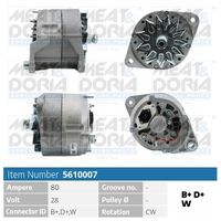 MEAT & DORIA 5610007 - Tensión [V]: 28<br>Corriente de carga alternador [A]: 110<br>Poleas: con polea para correa poli V<br>Sentido de giro: Sentido de giro a la derecha (horario)<br>Diámetro de orificio [mm]: 13,2<br>Distancia de los taladros de sujeción [mm]: 106<br>Diám. de puntos de sujeción [mm]: 99<br>Distancia de polea a alternador [mm]: 45,5<br>Número de nervaduras: 8<br>poleas - Ø [mm]: 82<br>Ángulo de sujeción [grados]: 0<br>h embalaje [cm]: 20,50<br>Ancho de embalaje [cm]: 23,00<br>long. de embalaje [cm]: 30,5<br>