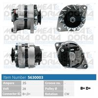 MEAT & DORIA 5630003 - Tensión [V]: 28<br>Corriente de carga alternador [A]: 55<br>Poleas: con polea<br>Sentido de giro: Sentido de giro a la derecha (horario)<br>Diámetro de orificio [mm]: 12,2<br>Distancia de los taladros de sujeción [mm]: 62,6<br>Diám. de puntos de sujeción [mm]: 85,0<br>Distancia de polea a alternador [mm]: 45,0<br>Número de nervaduras: 1<br>poleas - Ø [mm]: 80<br>cant. correas: 1<br>Conexión / terminal/borne: W<br>h embalaje [cm]: 17,50<br>Ancho de embalaje [cm]: 18,60<br>long. de embalaje [cm]: 24,8<br>Peso neto [g]: 4803<br>