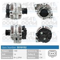 MEAT & DORIA 5510152 - Código de motor: Z 19 DTL<br>Tensión [V]: 14<br>Corriente de carga alternador [A]: 140<br>Poleas: con polea<br>poleas - Ø [mm]: 54<br>