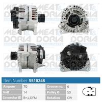 MEAT & DORIA 5510248 - Tensión [V]: 14<br>Corriente de carga alternador [A]: 110<br>ID del modelo de conector: B+,D+,W<br>Cantidad de agujeros de fijación: 2<br>Número de canales: 6<br>Poleas: con polea para correa poli V<br>poleas - Ø [mm]: 49<br>Sentido de giro: Sentido de giro a la derecha (horario)<br>