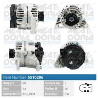 MEAT & DORIA 5510296 - Corriente de carga alternador [A]: 120<br>Modelo red de a bordo: para vehículos con red de a bordo 12V<br>Tensión [V]: 12<br>poleas - Ø [mm]: 55<br>Número de nervaduras: 5<br>Pinza: M8<br>ID del modelo de conector: 0109<br>Diámetro de orificio 1 [mm]: 10<br>peso neto [kg]: 6,4<br>